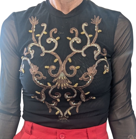 Cache Black Mesh Embellished Long Sleeve Top Sheer Beaded Scrolls | Small - Picture 4 of 9